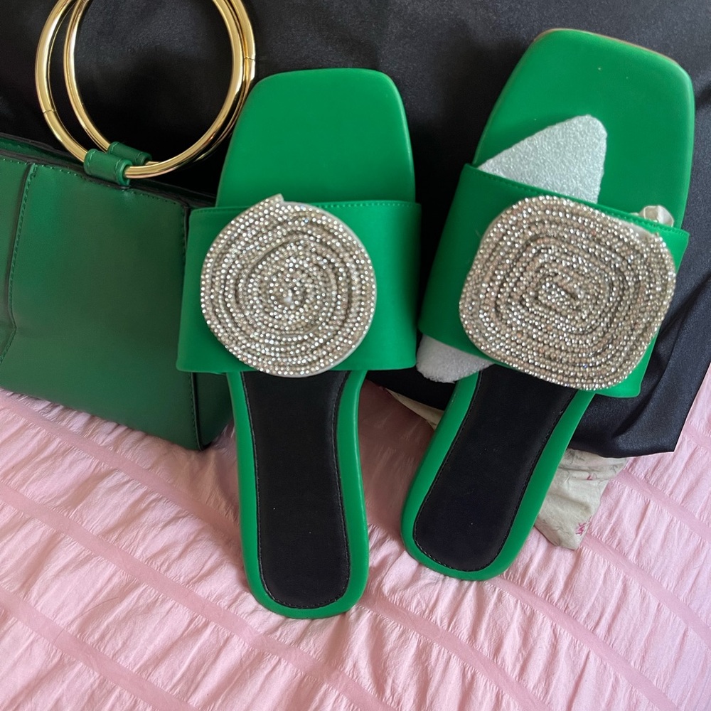 Elegant Green Slide Sandals with Silver Embellishment